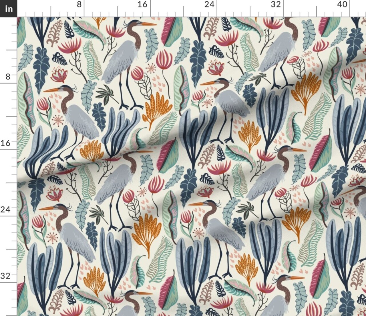 Coastal Flora Nature Tropical Wild Flowers Crane Heron Moody Pond Meadow Plants Wildlife Marshes Birds Custom Printed Fabric by Spoonflower Various Fabrics by the Yard or Fat Quarter